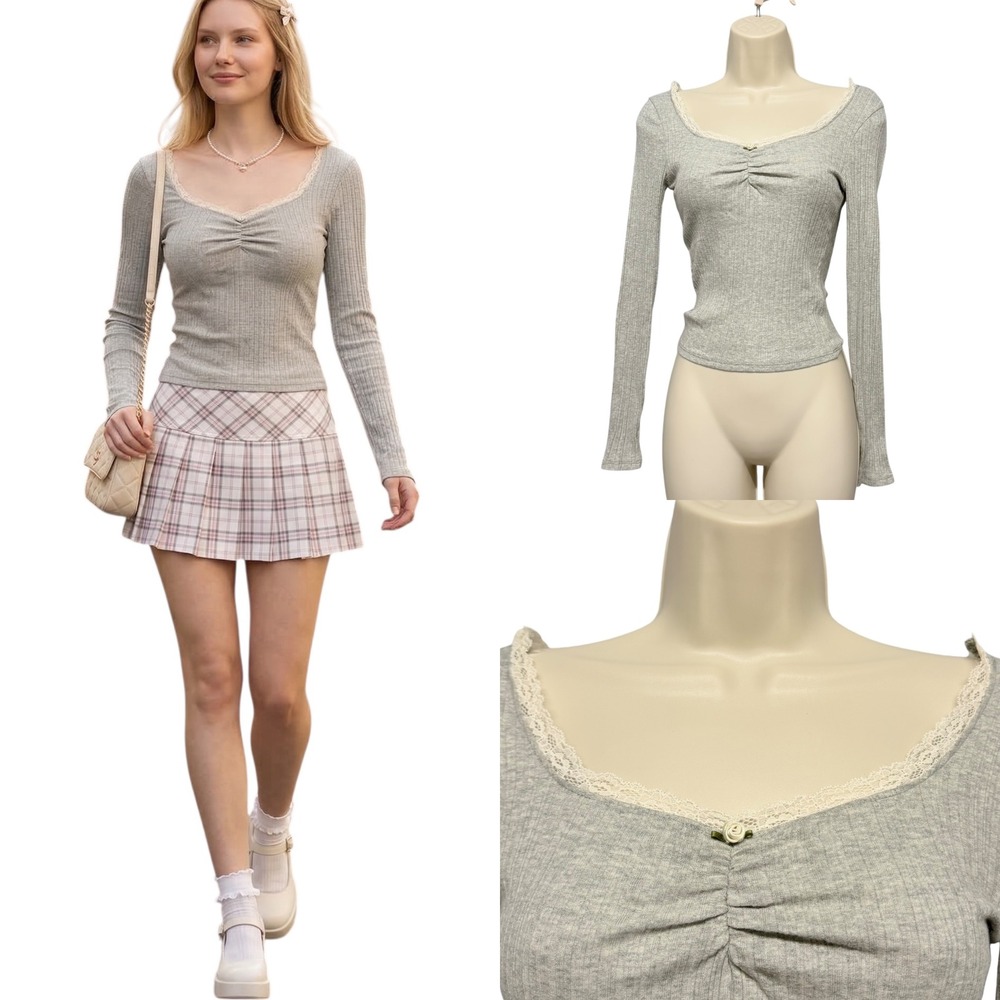 Women Long Sleeve Top Size M Heather Gray Coquette Twee Soft Girl Ruched Rosette